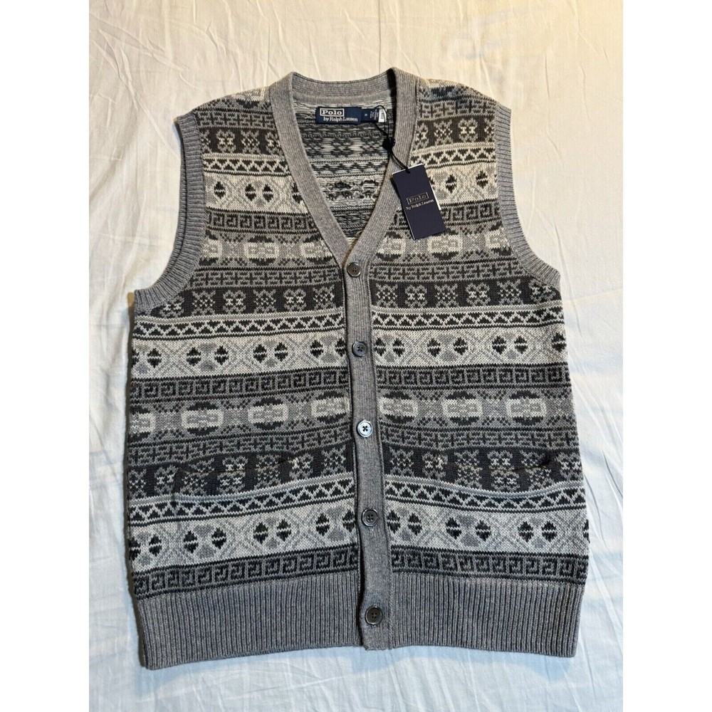 Polo Ralph Lauren Grey Fair Isle Cotton & Cashmere Sleeveless V-Neck Cardigan M