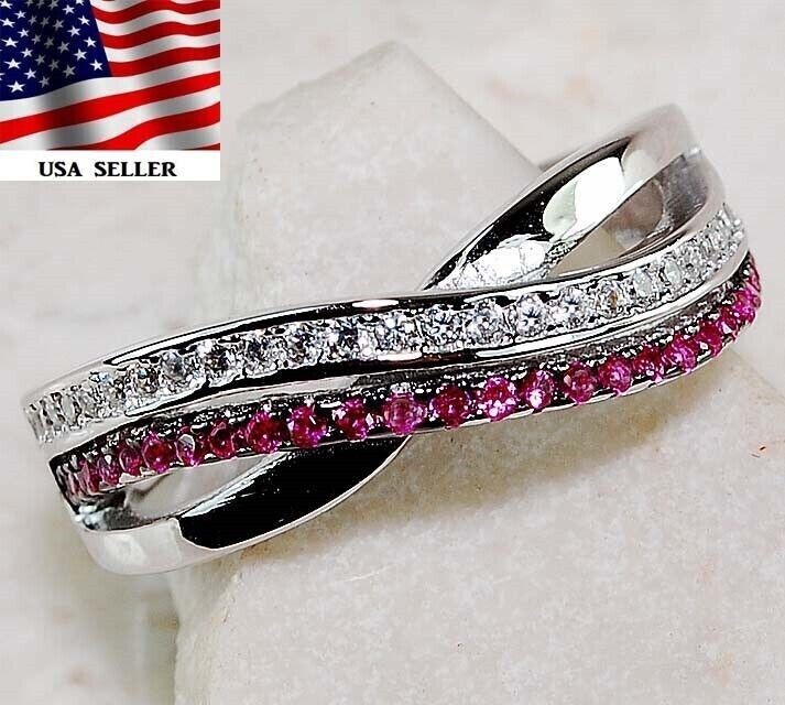 1CT Treated Ruby & White Topaz Sterling Silver Ring Size 8