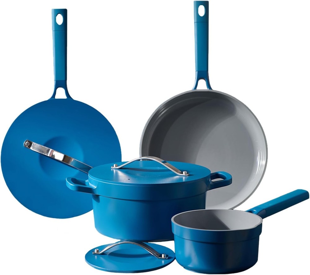 Ceramic Nonstick Cookware Set with Soup Pots and Frying Lager in Navy Blue