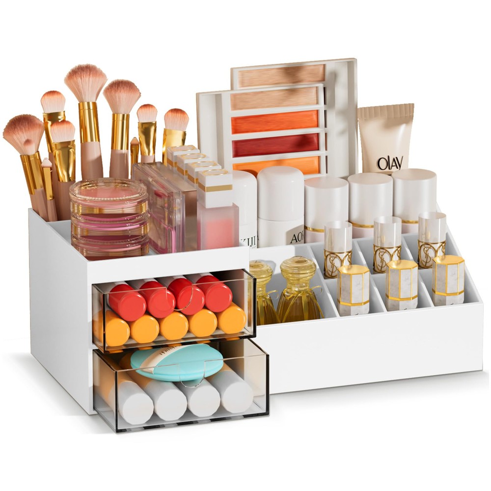 Makeup Organizer with Drawers Plastic Desk Organizer for Cosmetics (White)
