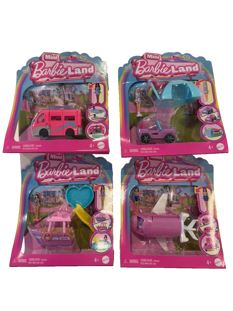 [NEW} Mini BarbieLand Doll & Toy Vehicle 4Sets with 1.5-inch Doll