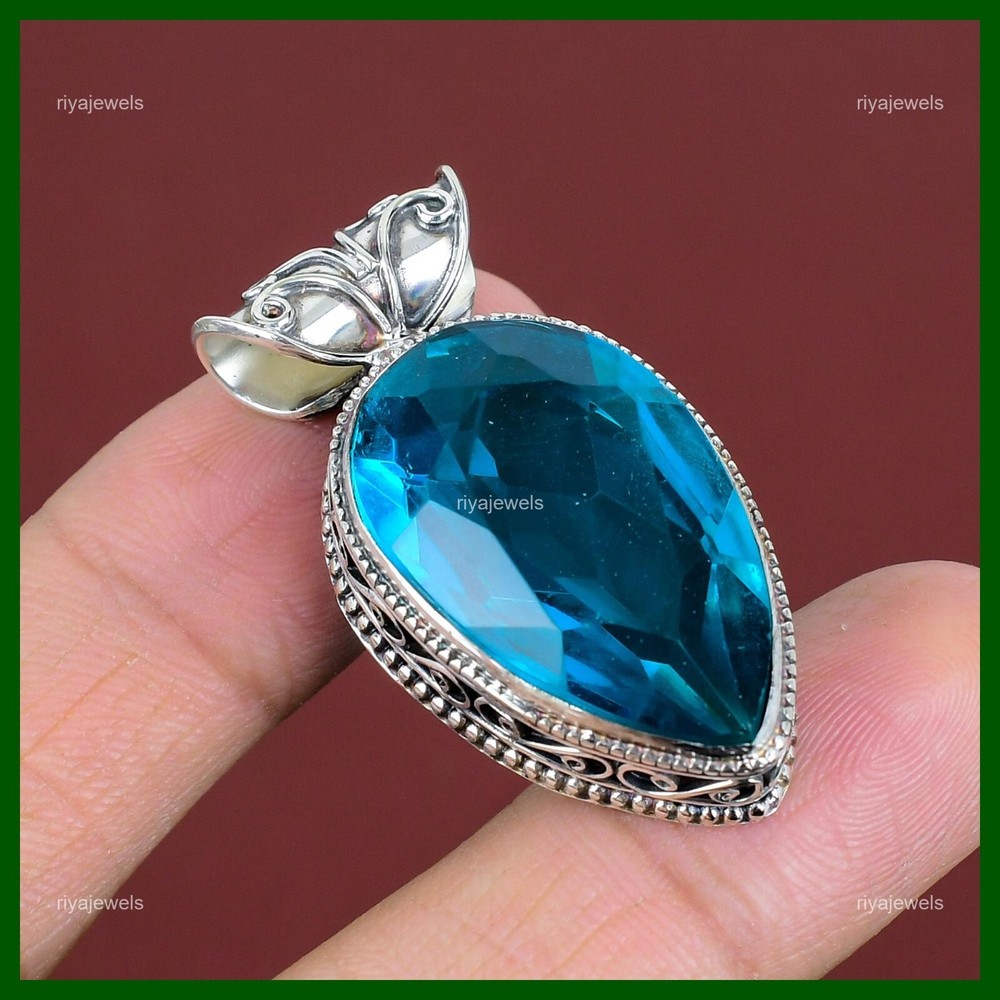 Mothers Day Indicolite Pear Stone Vintage Bezel Pendant 925 Silver Jewelry-image
