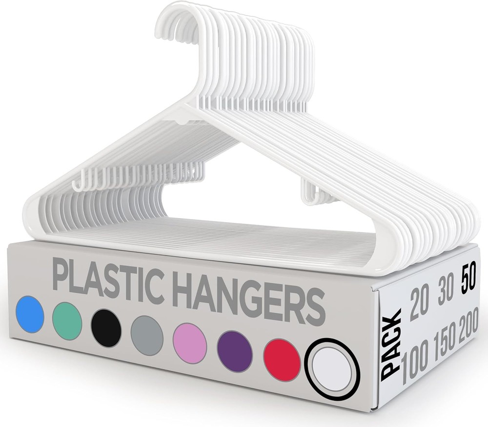 Utopia Home 50-Pack White Plastic Clothes Hangers for Wardrobe Organization