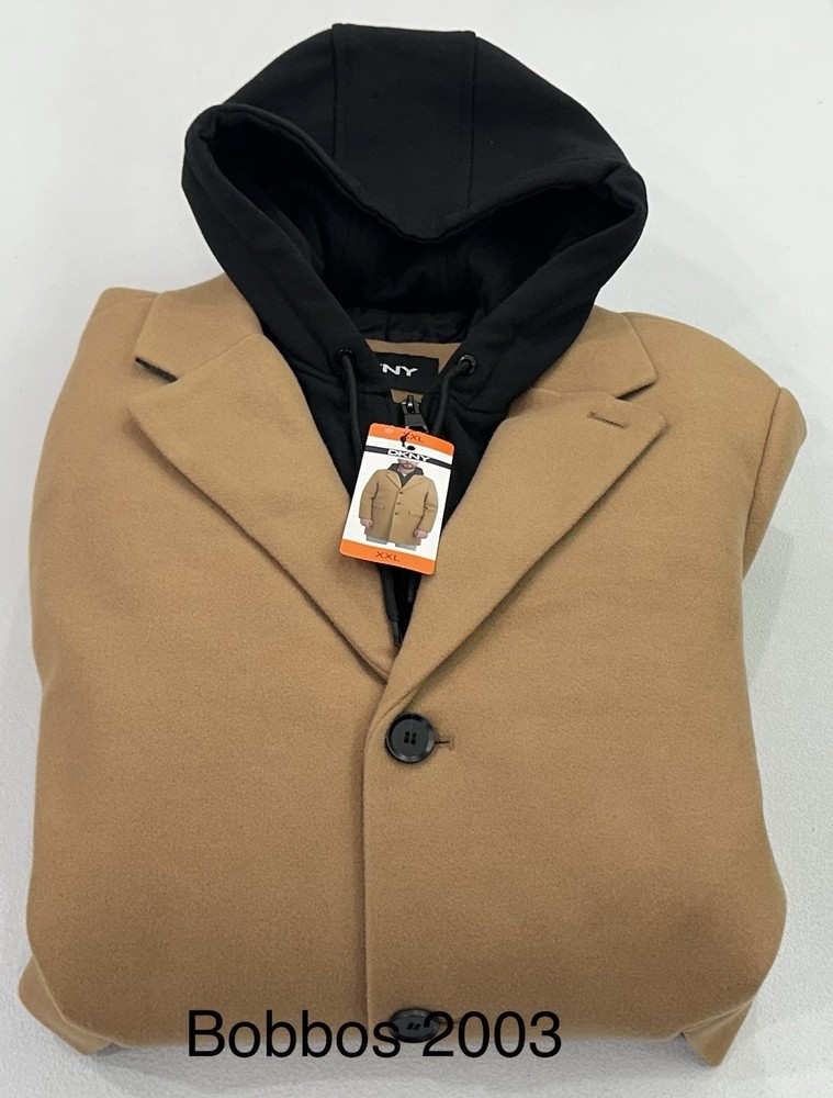 DKNY Men's Faux Wool Heavyweight Bib Front Zipper Button Coat Jacket, Tan, XXL