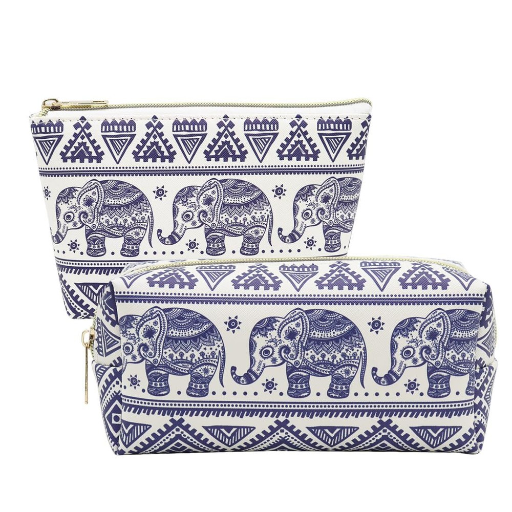 2 Pack Elephant Print Portable Travel Makeup Bag Zipper Cosmetic Organizer