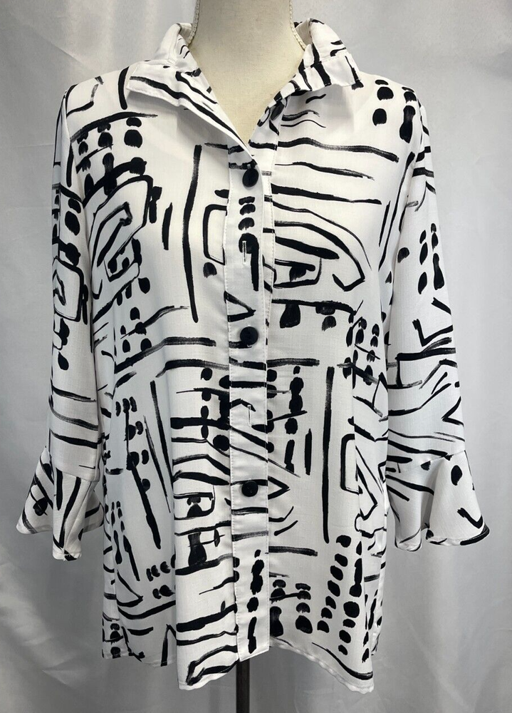Joseph Ribkoff Graphic Abstract Print Black White Button Flutter Blouse Size 6