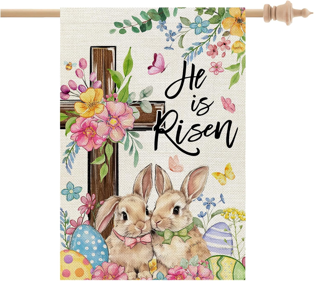 Easter House Flag Cross Bunny 28X40 Inch Double Sided Large Holiday Welcome Deco