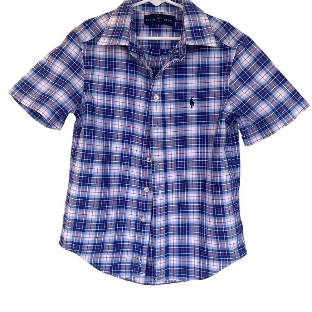 Ralph Lauren Boys Small Blue Plaid Short Sleeve Button-Up Shirt Casual