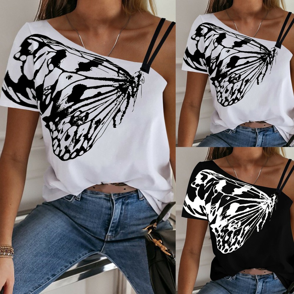 Women's Casual One Shoulder Butterfly Print T-shirt Loose Short Sleeve Blouse