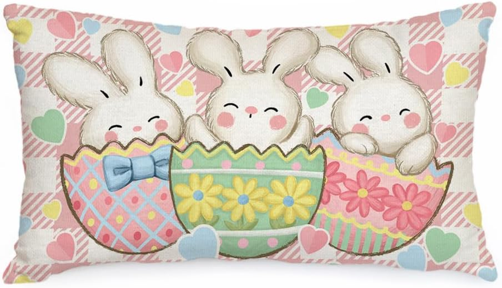 Easter Bunny Eggs Buffalo Plaid Decorative Pillow Cover 12x20 Inch H