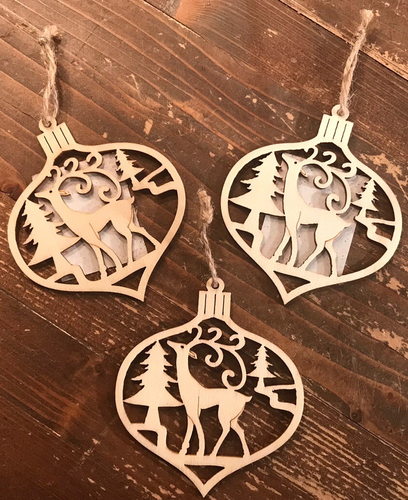 Lot Of 3 Handmade Holidays Wooden Ornaments Reindeer Christmas Tree