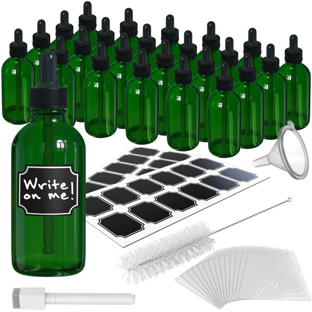 24PK Green 4 Oz Glass Bottles with Dropper | Leakproof Empty Dropper Bottles ...