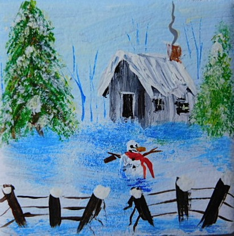 Hand Painted Cabin in Snow with Snowman Ceramic Tile Magnet Art by Rain Crow