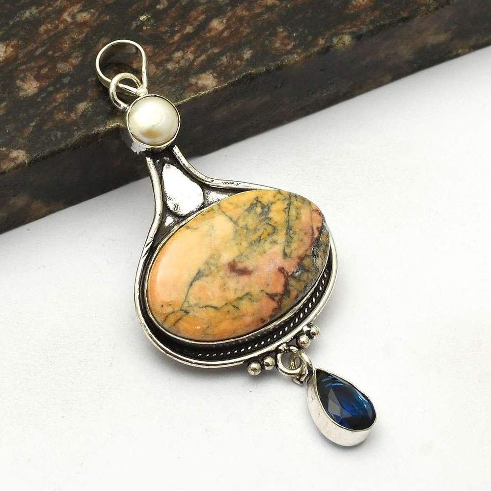 Dendrite Opal Tiger Eye Gemstone Ethnic Handmade Pendant Jewelry 3.12