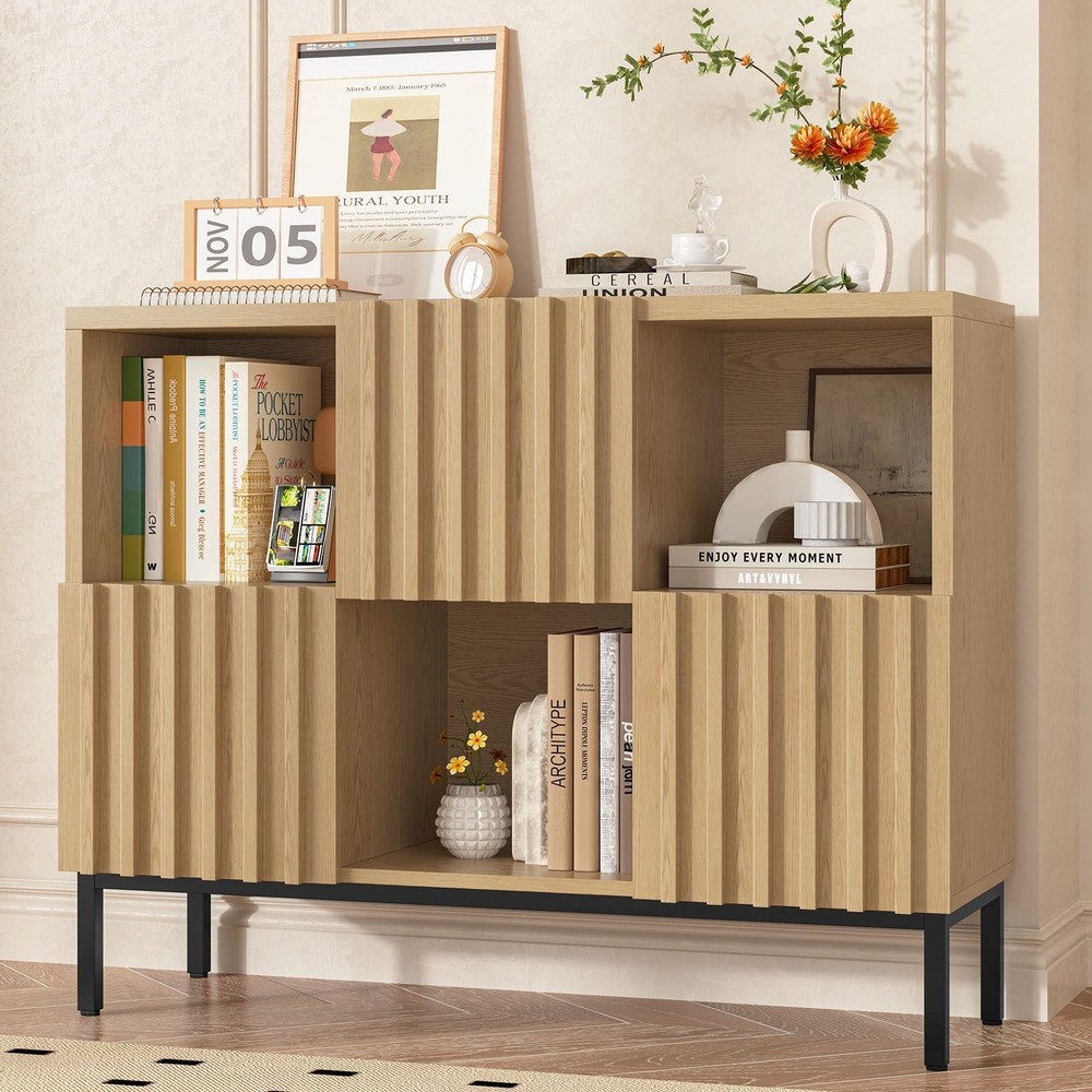Fluted Short Bookcase, 6 Cube Storage Organizer with Doors, Modern 2-Tier Ope...
