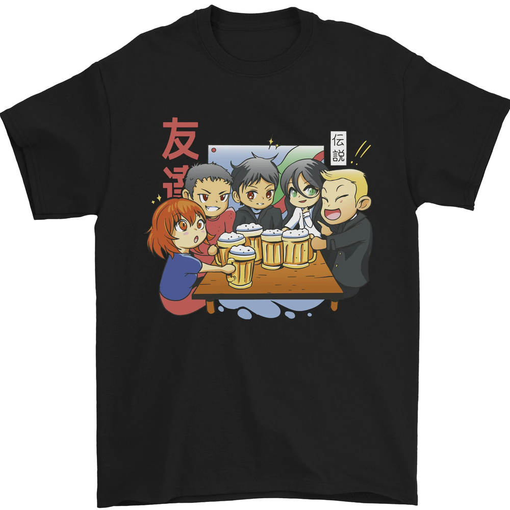 Chibi Anime Friends Drinking Beer Mens T-Shirt 100% Cotton