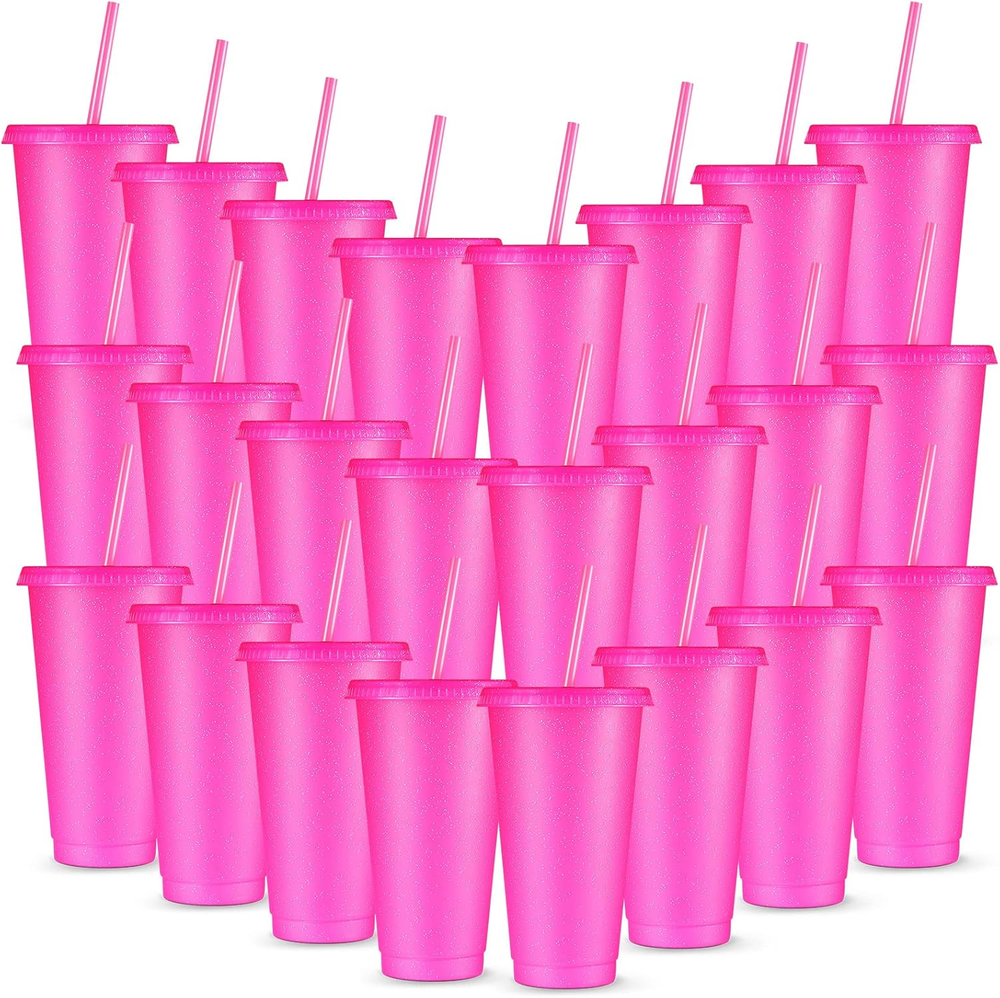 24 Pcs Reusable Cups with Lids and Straws 24 Oz Glitter Iced Coffee Tumbler Plas