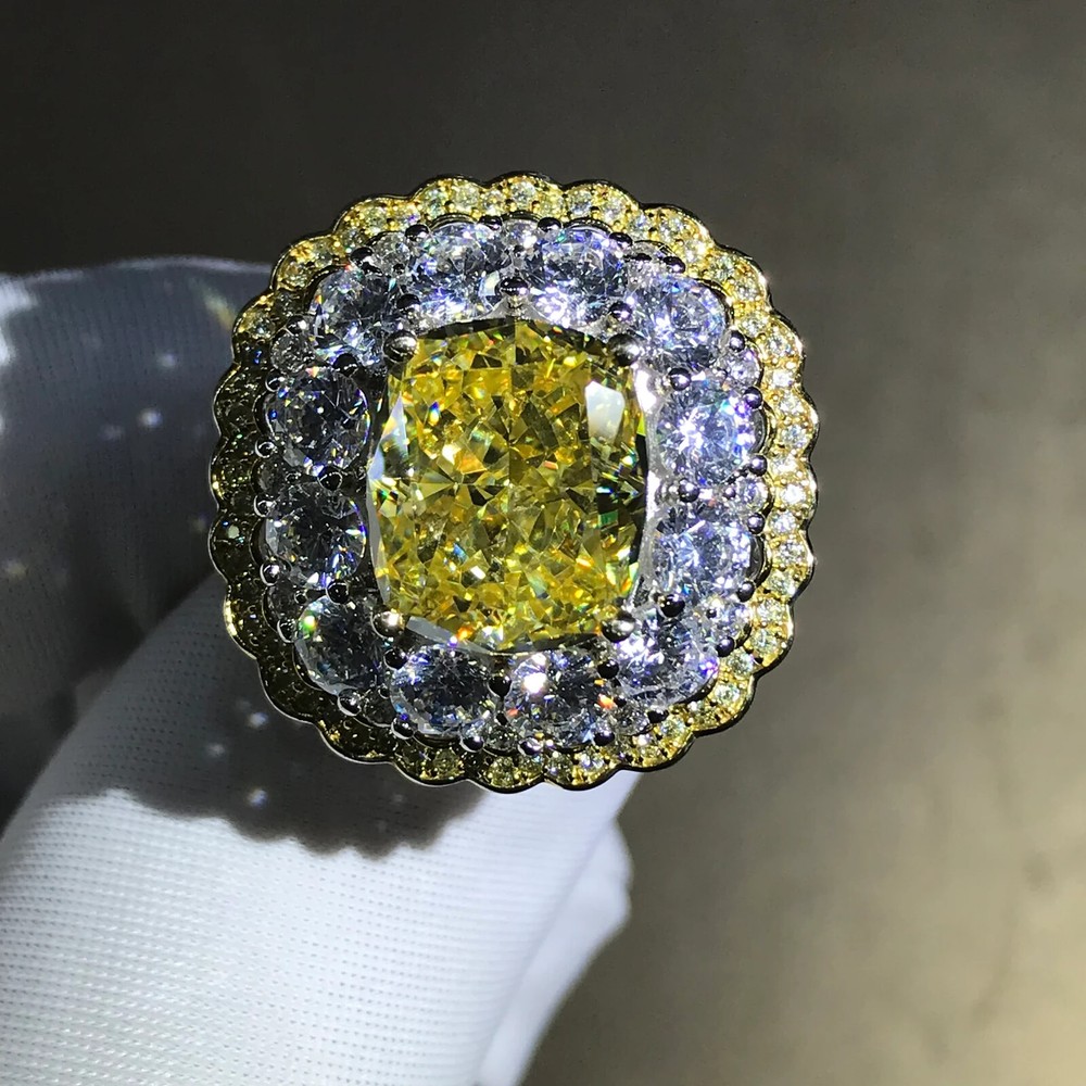 6 Carat Cushion Cut Vivid Yellow Moissanite Triple Halo 18K Gold Ring