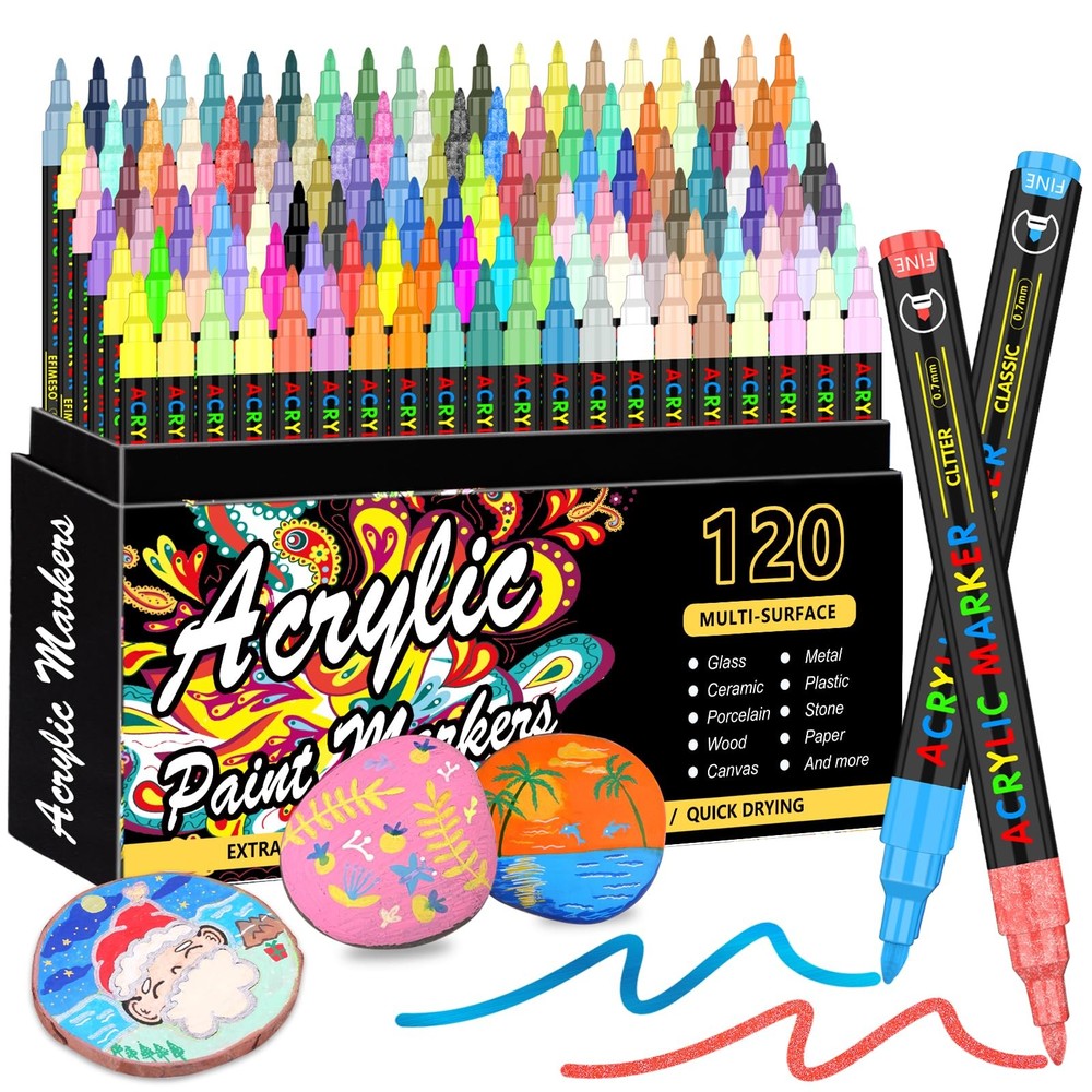 120 Colors Acrylic Paint Markers, Extra Fine Tip for Rock Painting, Canvas, W...