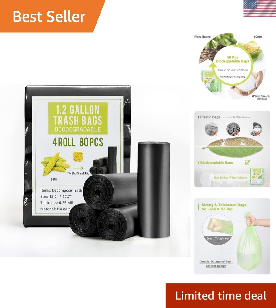 Biodegradable 1.2 Gallon Trash Bags - 80 Pack of Strong Eco-Friendly Mini Bags