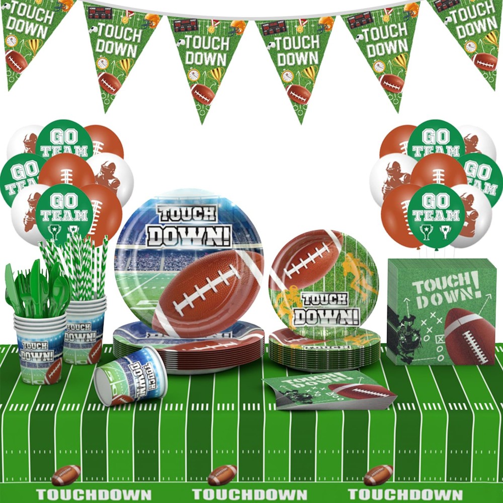 160-Piece Football-Themed Party Supplies Kit for 16 Guests – Includes Dinner Plates, Dessert Plates, Cups, Napkins, Tablecloths, and More – Perfect for Game Day Celebrations and Sports-Themed Events!