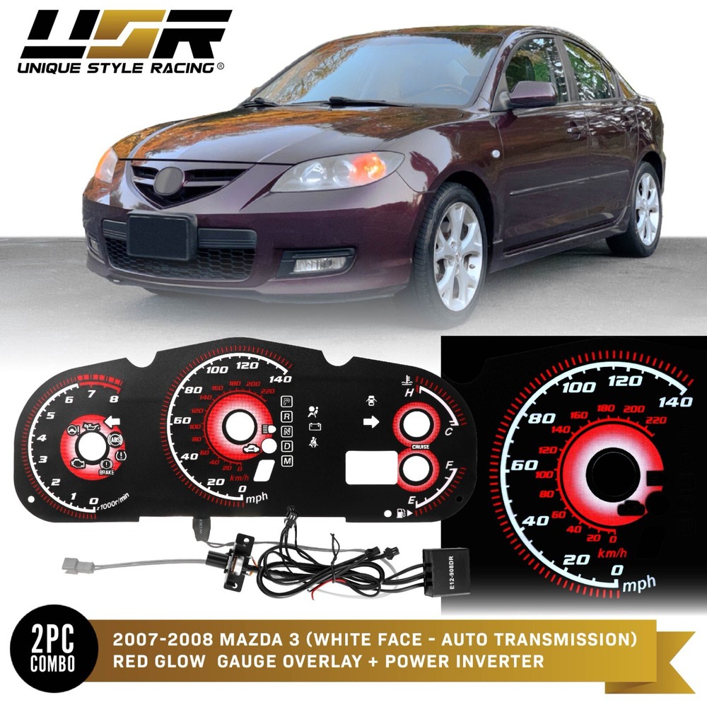 07-08 Mazda 3 RED Glow Gauge Black Overlay Instrument Cluster