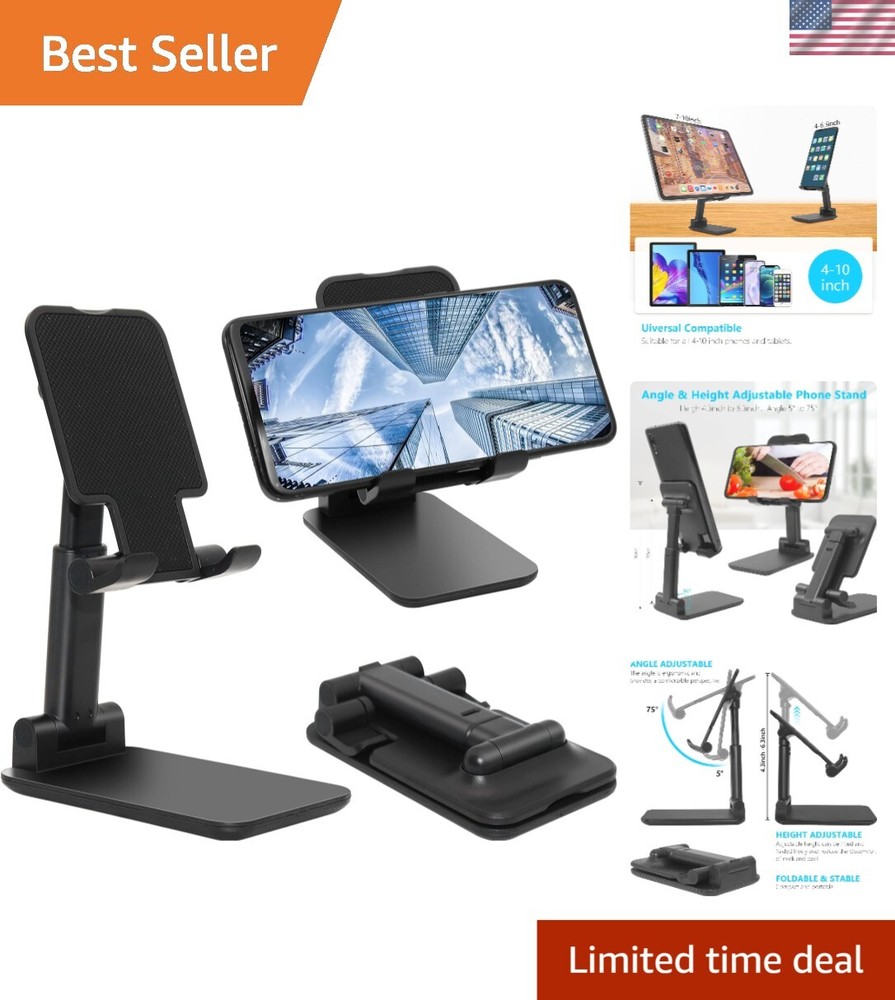 Compact Non-Slip Adjustable Black Folding Phone Stand - Portable & Sturdy