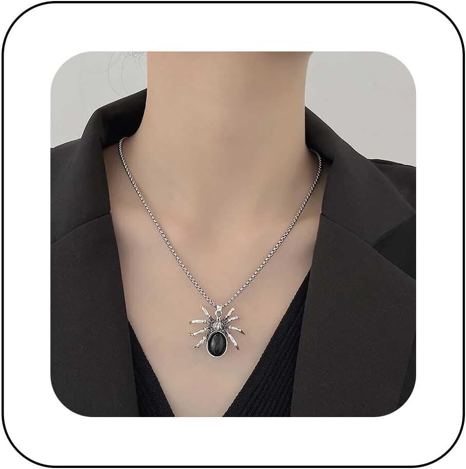 Punk Onyx Spider Choker Necklace with Large Silver Spider Pendant