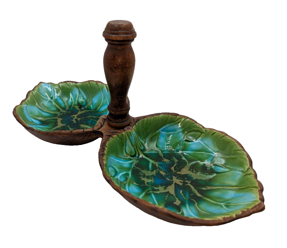 VTG Treasure Craft Divided Leaf Dish w/Wooden Handle Nuts Candies Relish 12