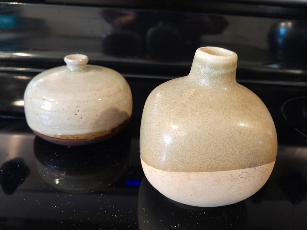 Vintage 2 Pc Japanese Pottery Bud Vase Flower Vase Handcrafted Feng Shui Art