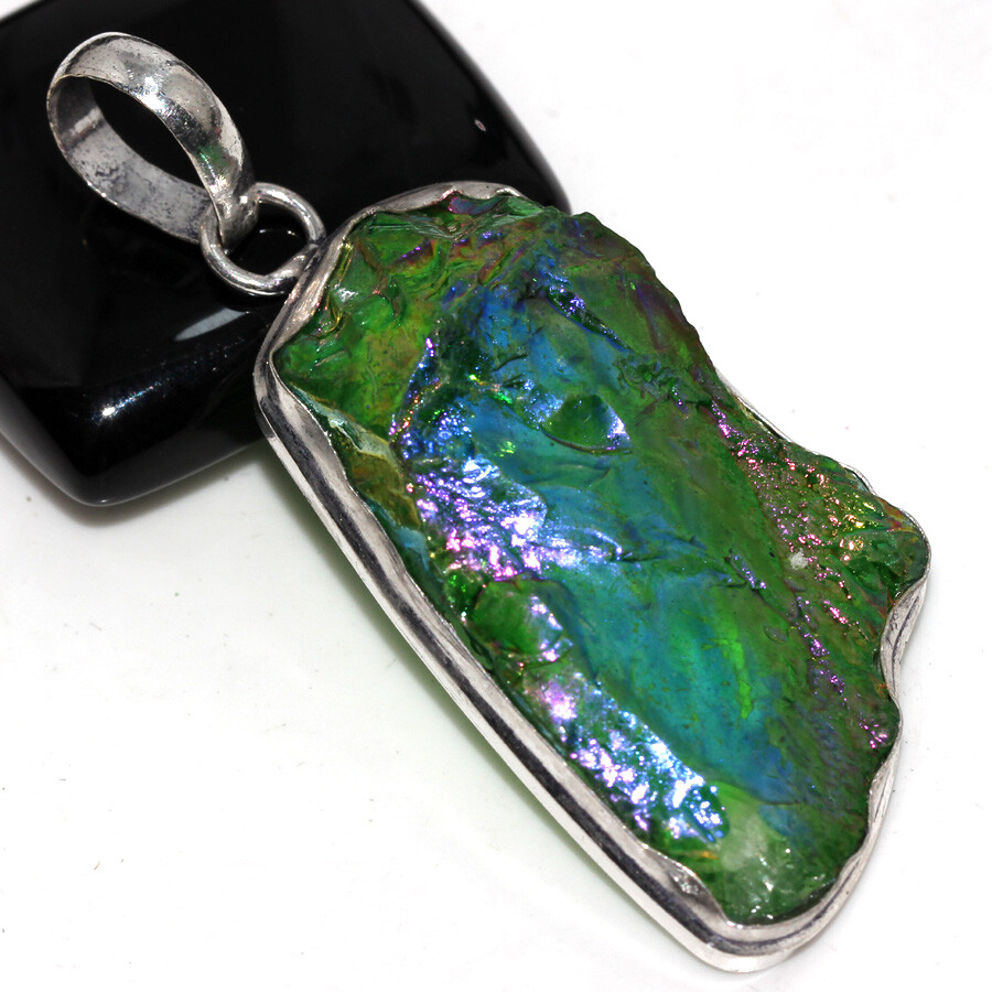 Green Titanium Aura Quartz 925 Silver Plated Gemstone Pendant 2