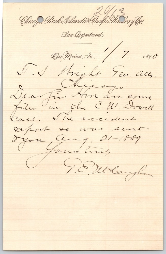 Chicago, Rock Island and Pacific Railway 1890 ALS Law Department Letterhead