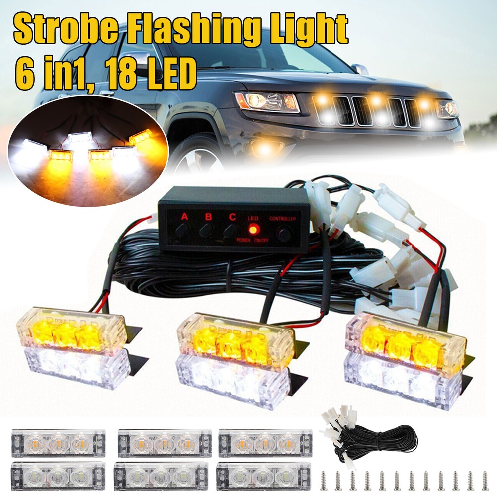 18 LED Car Truck Strobe Flashing Warning Light For Deck Dash Grille Amber White
