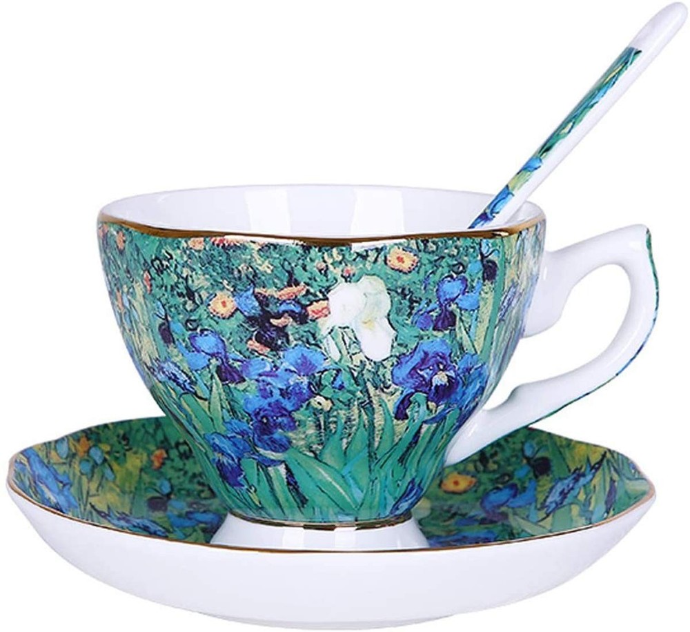 YBK Tech 7oz Bone China Tea Cup and Saucer Set - Van Gogh Inspired Design