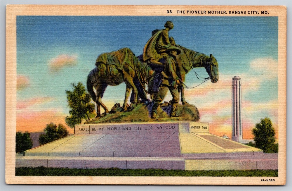 Statue The Pioneer Mother Kansas City MO C1940 Linen Postcard S23