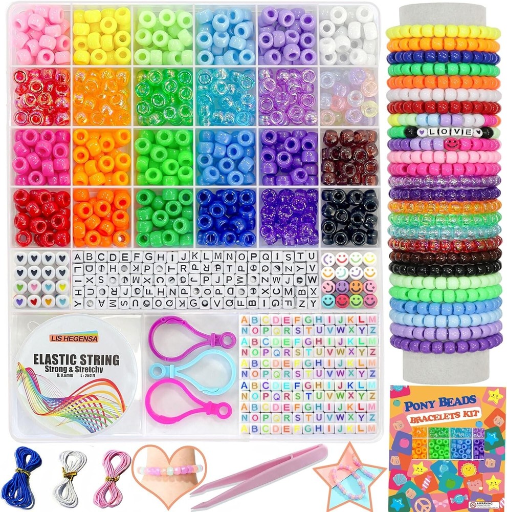 1000-Piece 24-Color Pony Beads for Jewelry Making & Hair Accessories