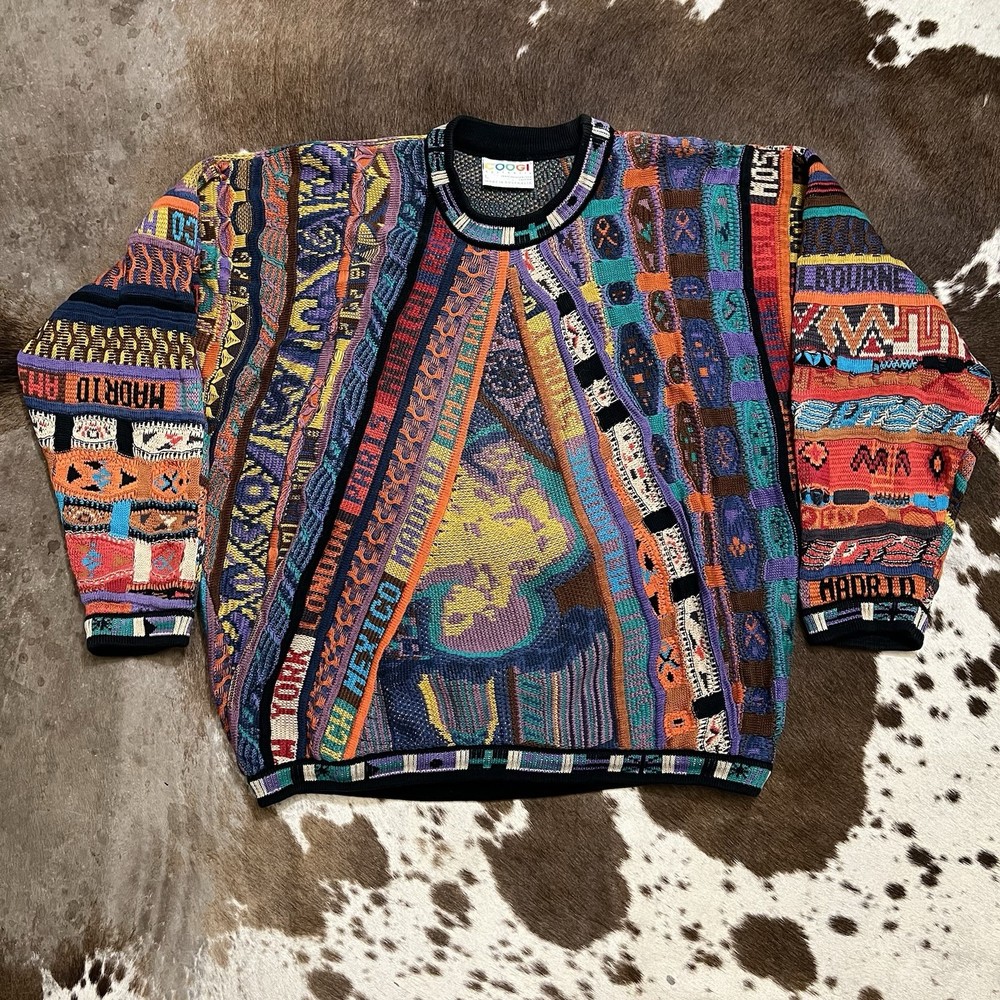 Vintage Coogi 3d Knit & Graphic Sweater Adam Vaporwave Cities Size Large RARE