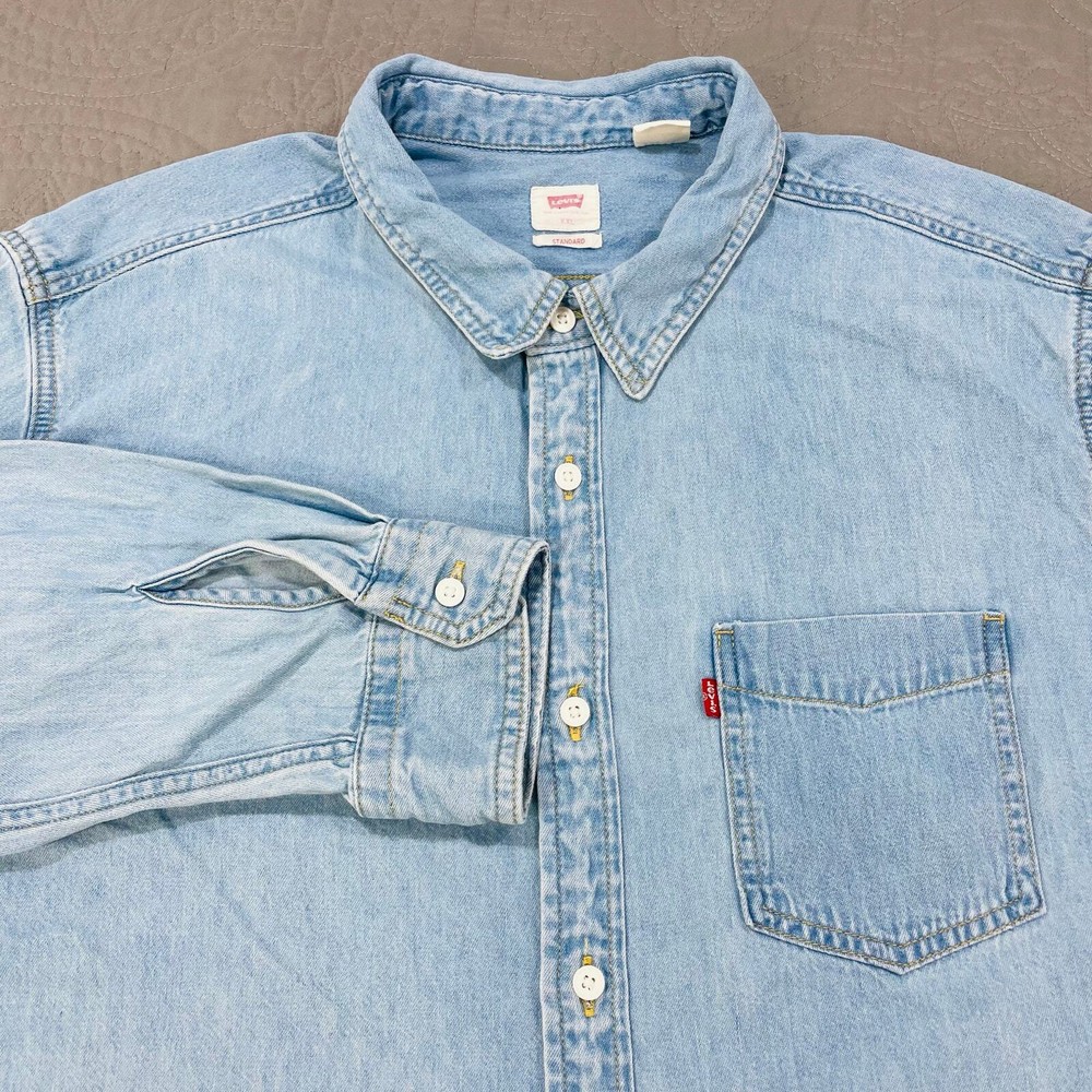 Levis Denim Shirt Mens Light Wash Pearl Snap Western Long Sleeve Standard Fit