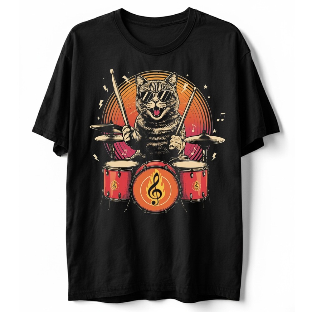Rock and Roll Cat Playing Drums T-Shirt Funny Drummer Musician Rock Band Gift