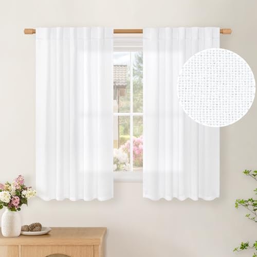 40 Inch Length Short Linen Curtains for Window 2 Panels, White Small Drapes