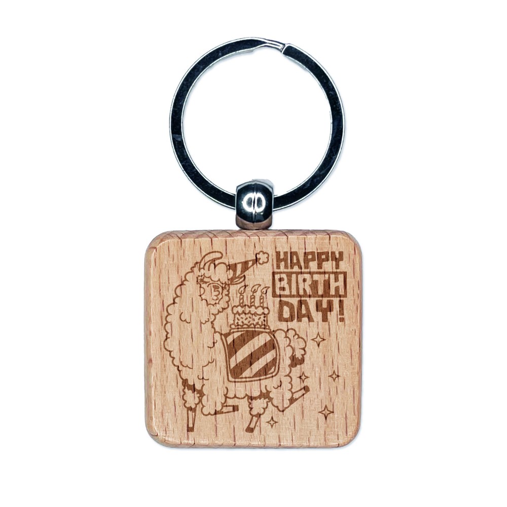 Happy Birthday Alpaca Engraved Wood Square Keychain Tag Charm