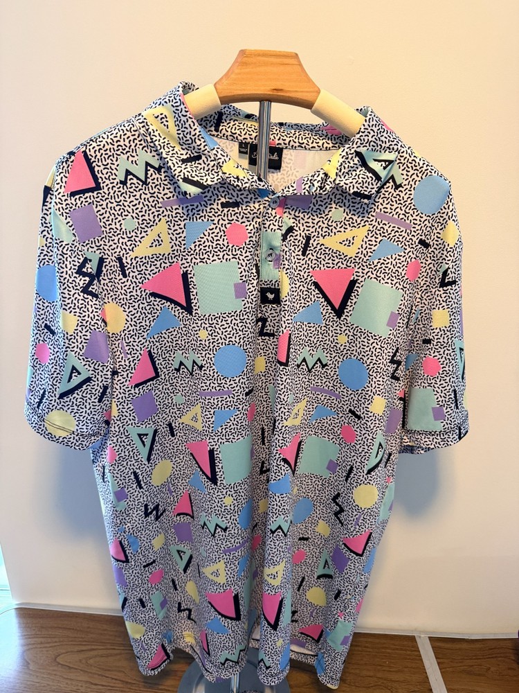 Bad Birdie Mens Size L Multicolor Retro 90's Geometric Performance Golf Polo euc