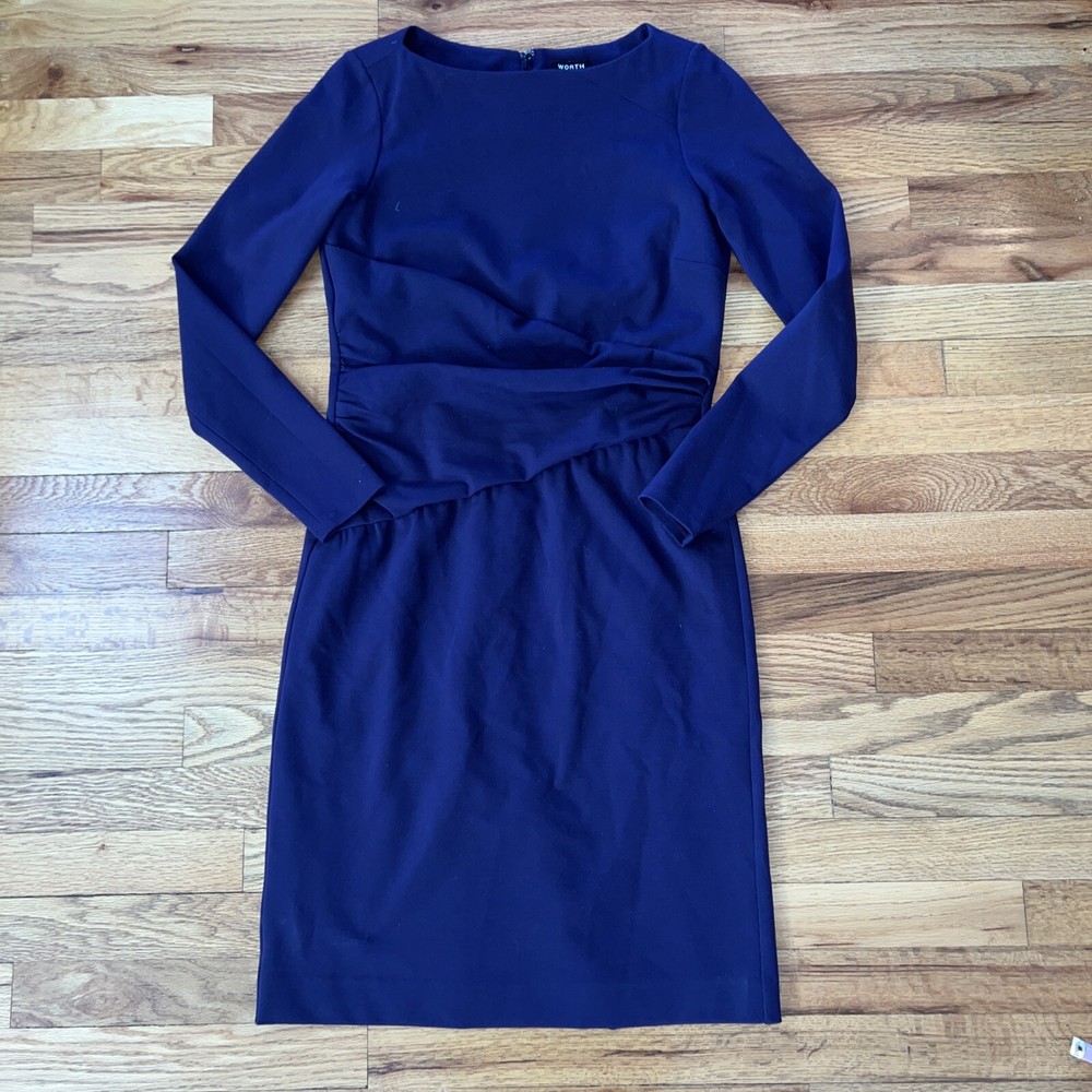Worth New York Navy Long Sleeve Sheath Faux Wrap Dress Size 6 Grape Violet Lined