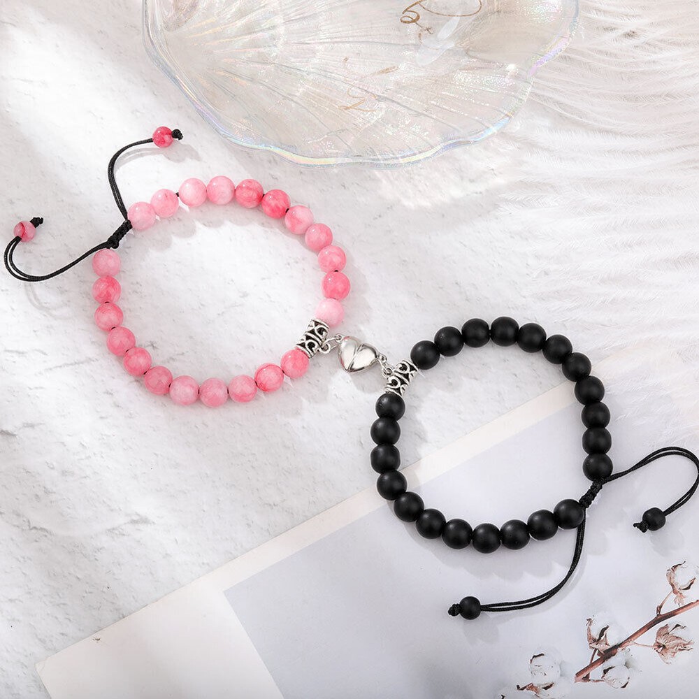 Romantic Heart Stone Beads Matching Couple Bracelet Gift for Lovers