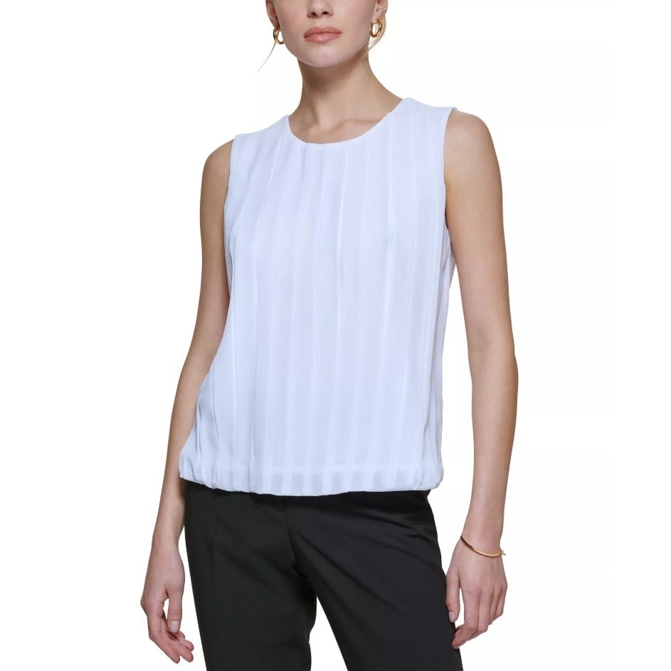 Calvin Klein Women White Chiffon Sleeveless Pleated Bubble Hem Blouse Size L