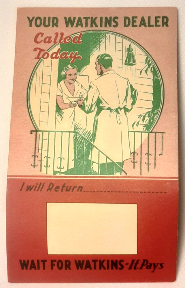 Watkins Your Dealer Called Today Card Printed in USA 1930s Advertisement Rare