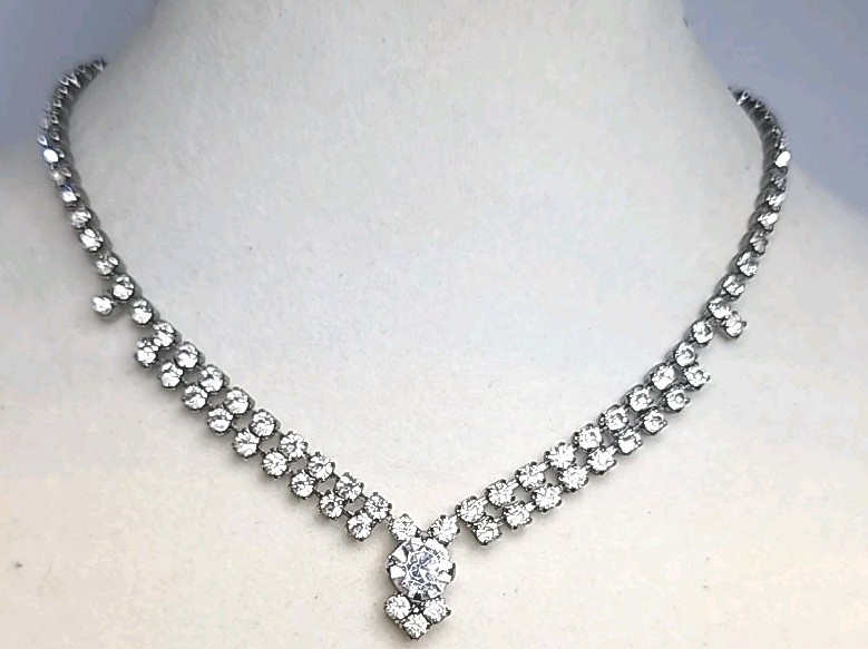 VTG Kramer Rhinestone Necklace Clear Faceted Crystal Pendant Bib Choker 15