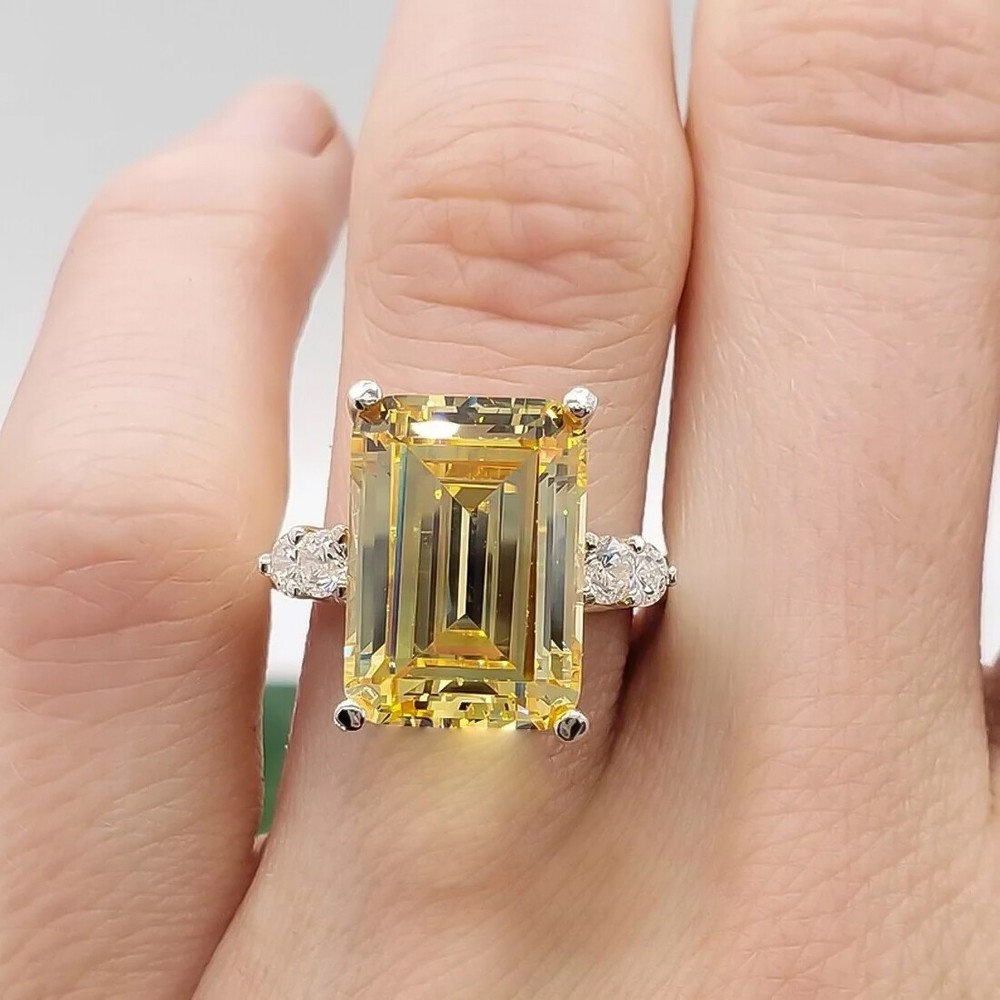 7.50 Ct Certified Emerald Cut Champagne Diamond Ring 925 Silver Prong Setting