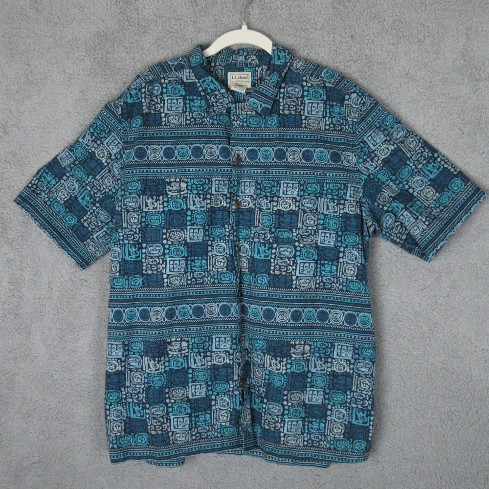 LL Bean Men's Aztec Blue Black Print Shirt Large Traditional Fit 100% Cotton