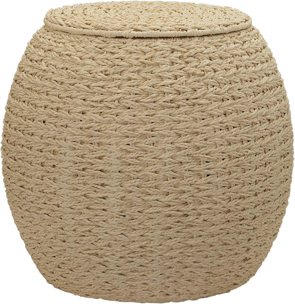 Handwoven Paper Rope Barrel Wicker Storage Basket Side Table, Cream